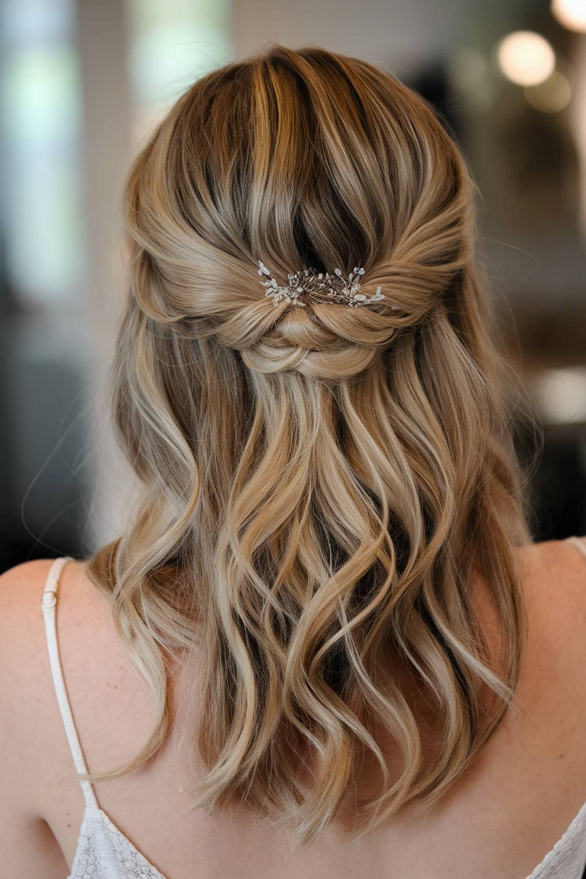 Medium-length half-up wedding hairstyle with crystal hairpiece