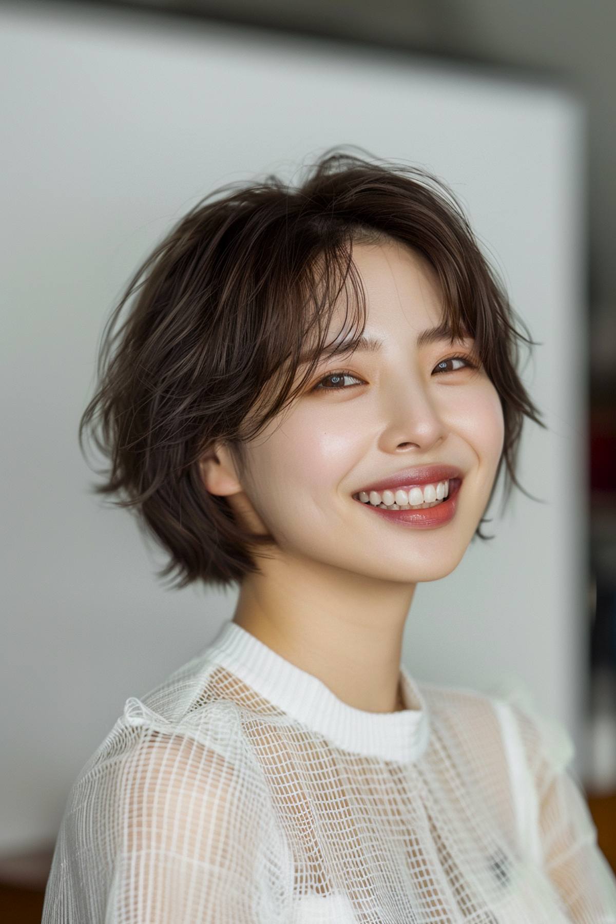 Korean-style short layered bob with feathered edges