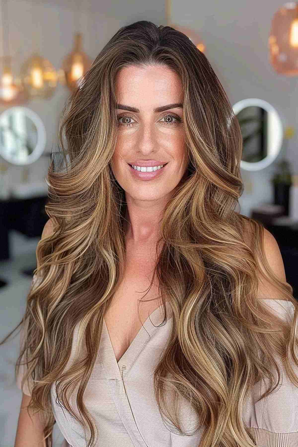 Trendy long hair with balayage for women over 30, featuring dark roots and sun-kissed ends