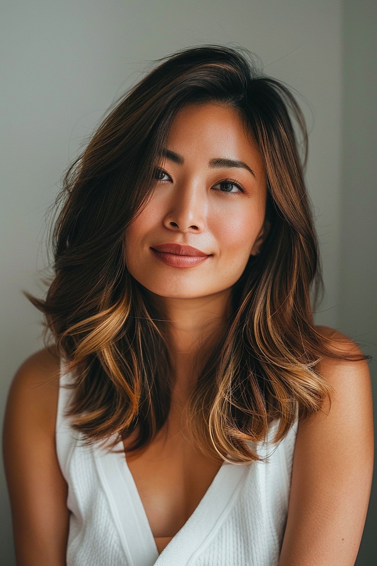 Medium layered haircut with face-framing highlights