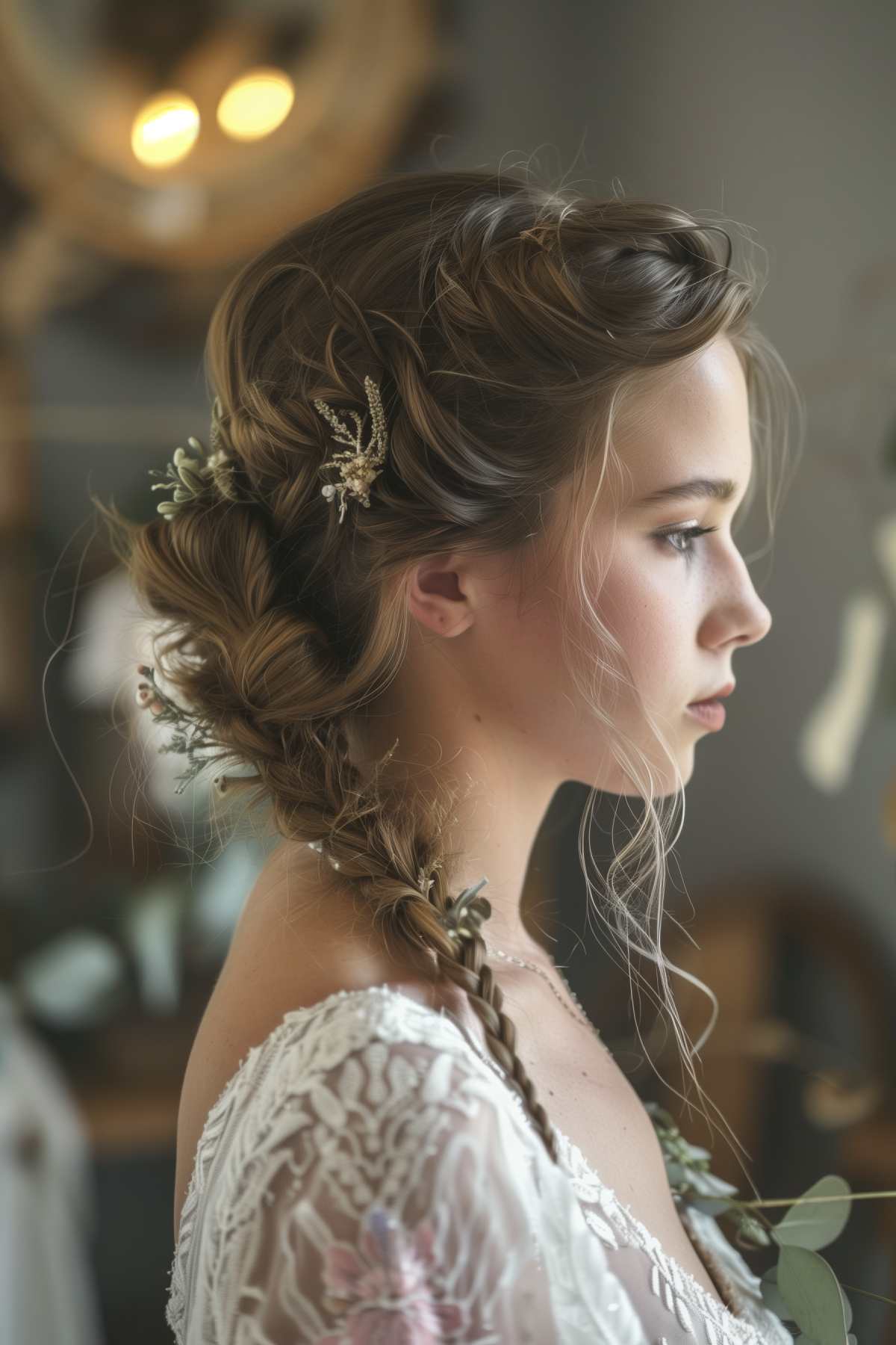 Bridal side braid adorned with floral and golden leaf accents, perfect for a bohemian wedding look, set in a softly lit setting. 