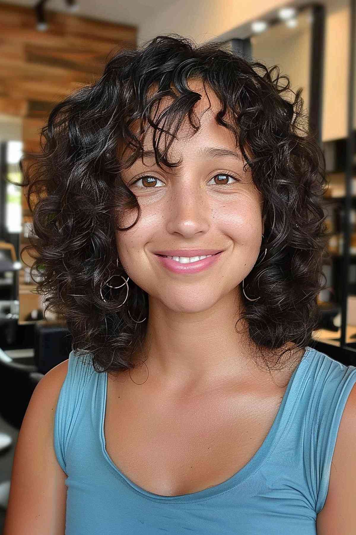 Woman with shaggy long bob hairstyles for mixed curly hair.