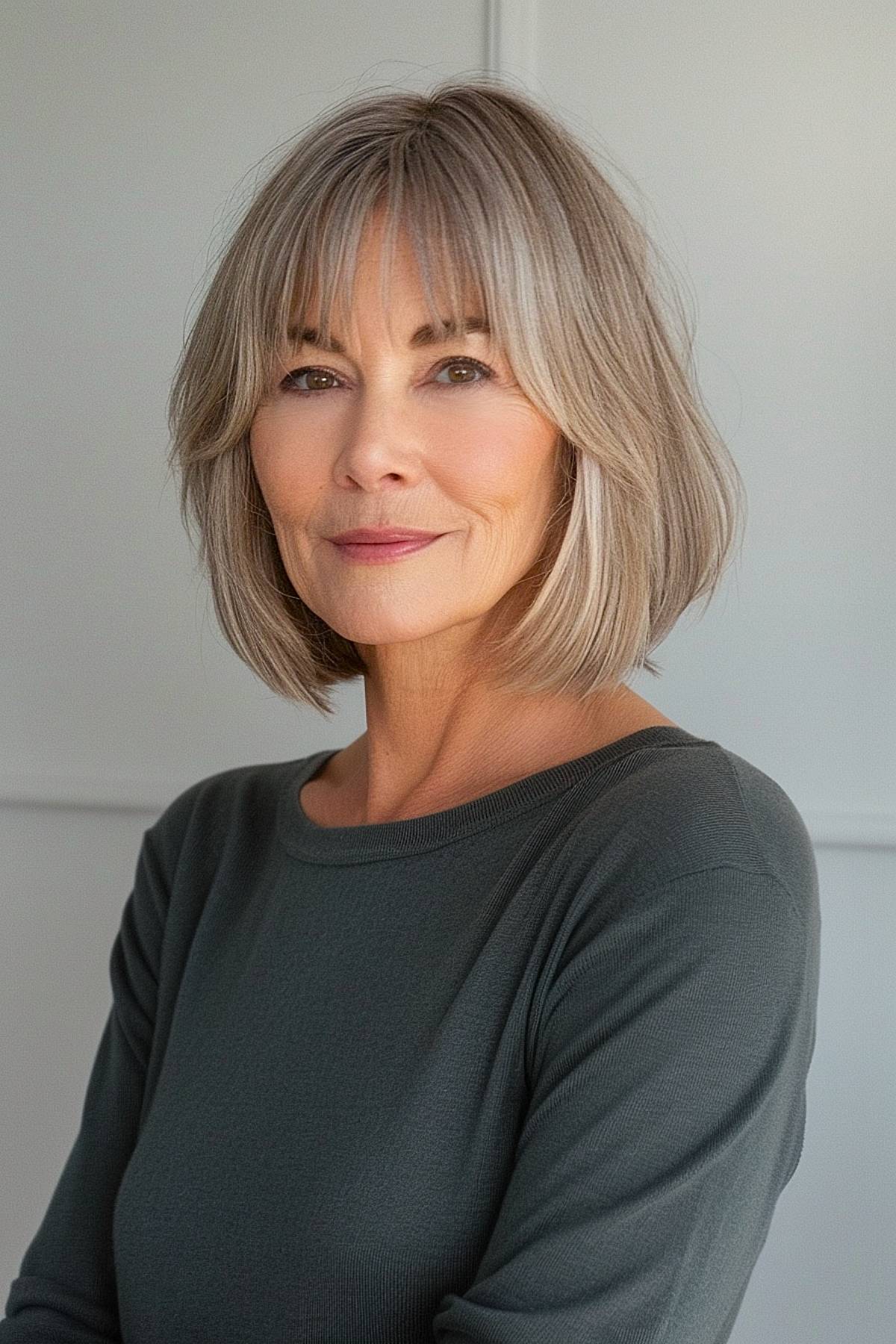 Middle-part short bob with bangs hairstyle for women over 50