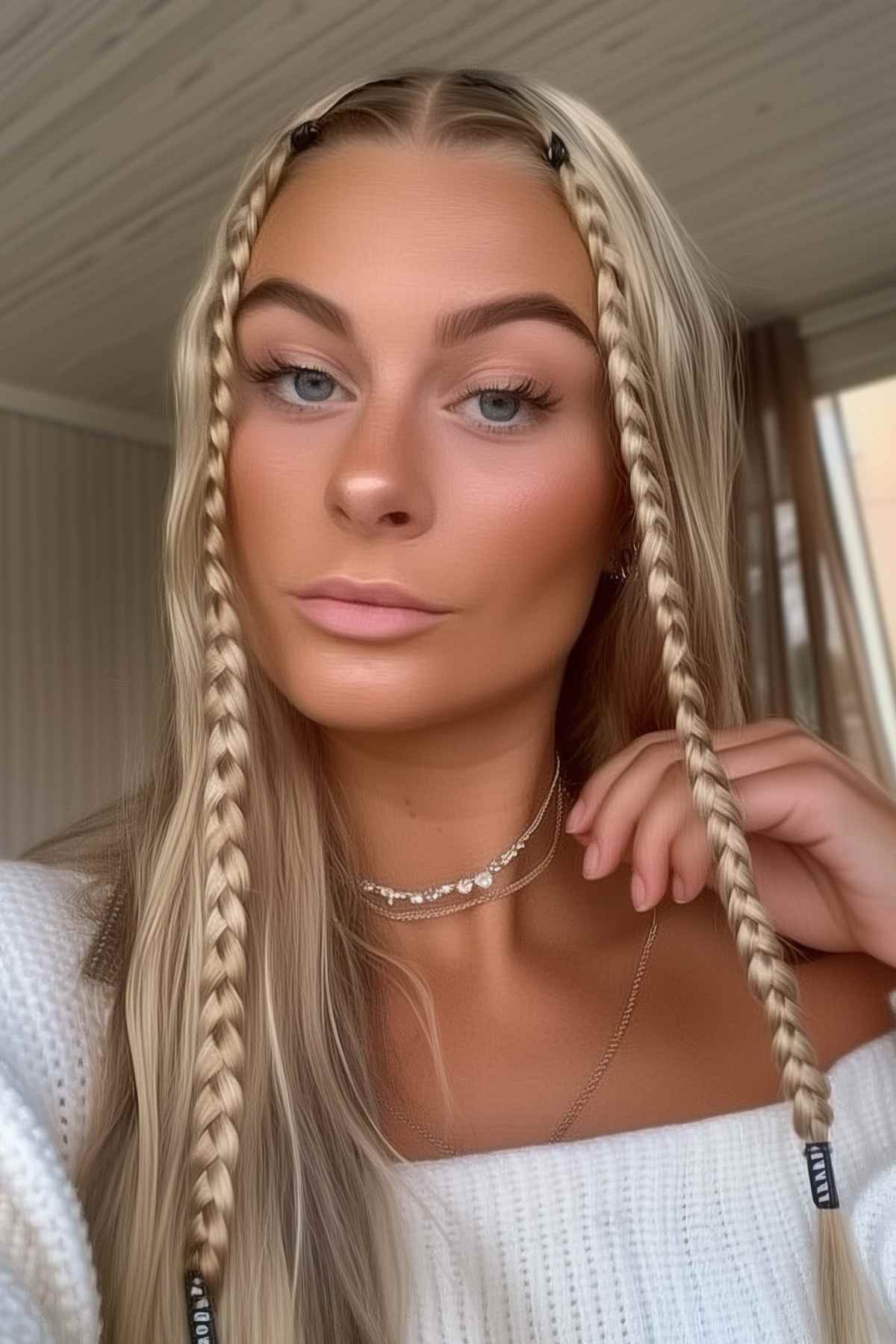 Woman with long straight hair styled with trendy money piece braids for a beach day