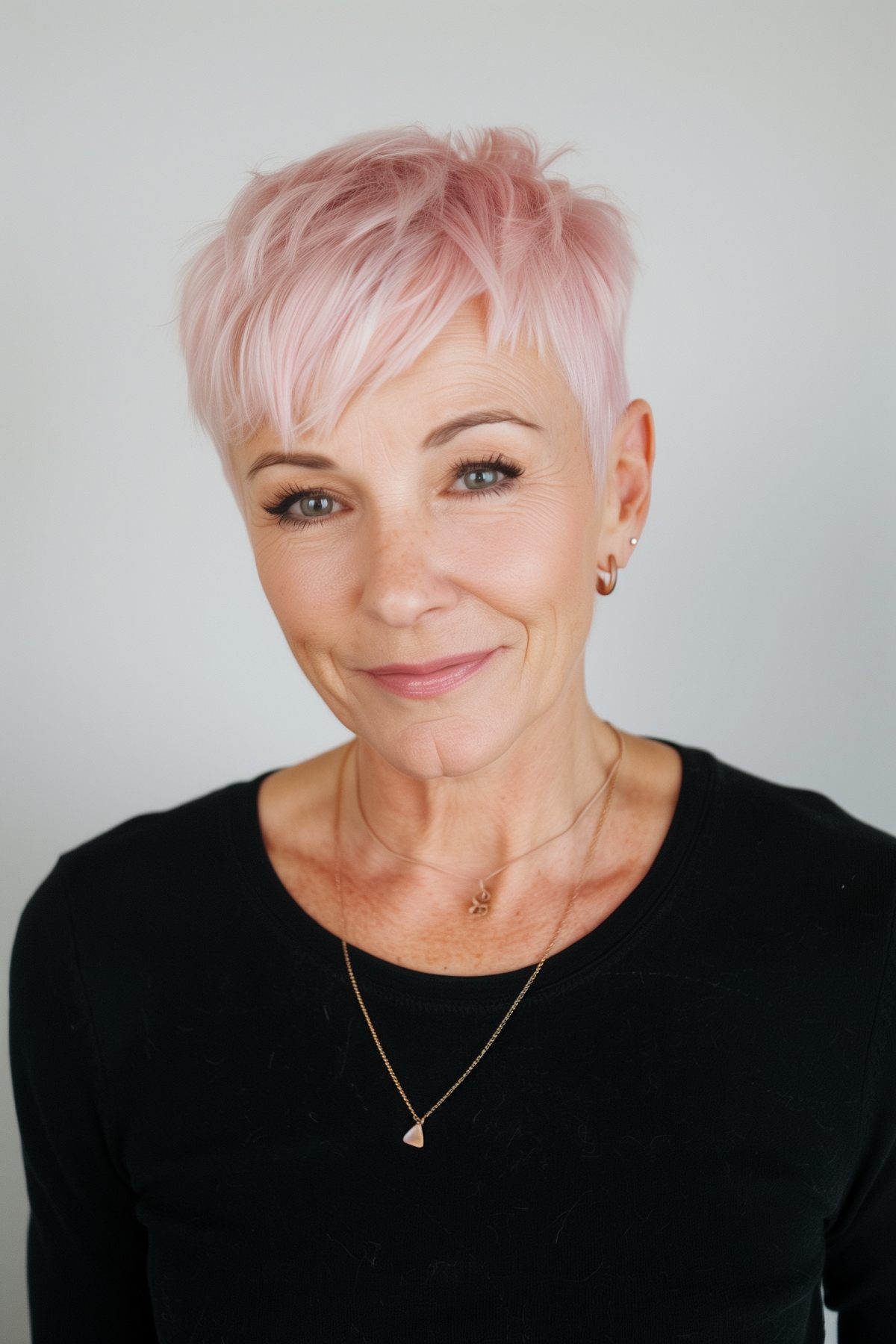 Pastel pink pixie cut with choppy layers, suitable for older women seeking a bold look