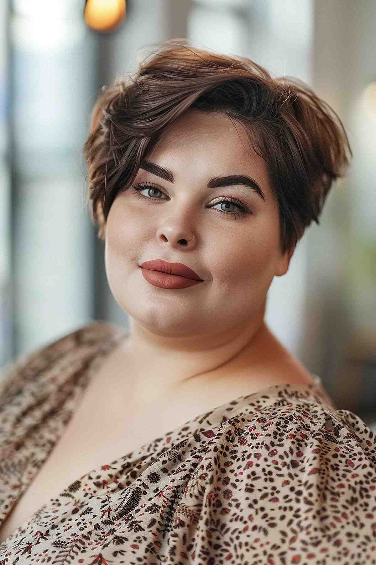 Trendy pixie cut for thick hair on plus-size woman with side-swept bangs