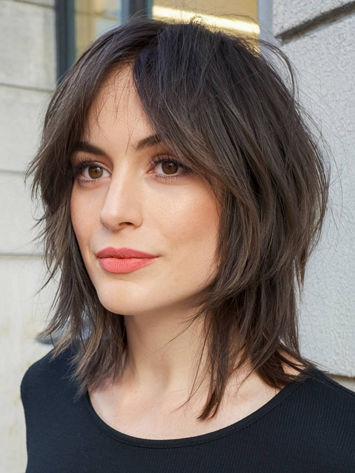 Medium-length shag with textured bangs on straight hair