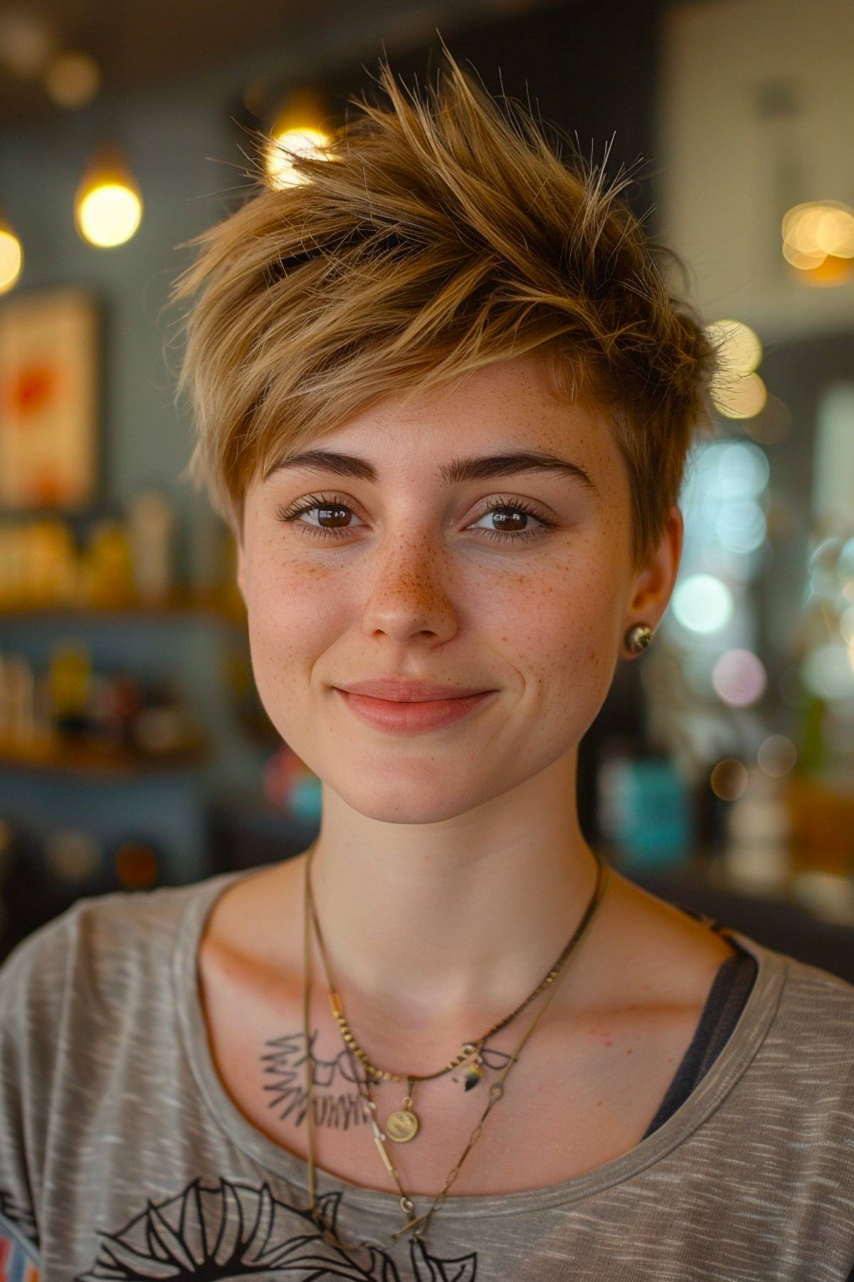 Short choppy spiky haircut with blonde highlights