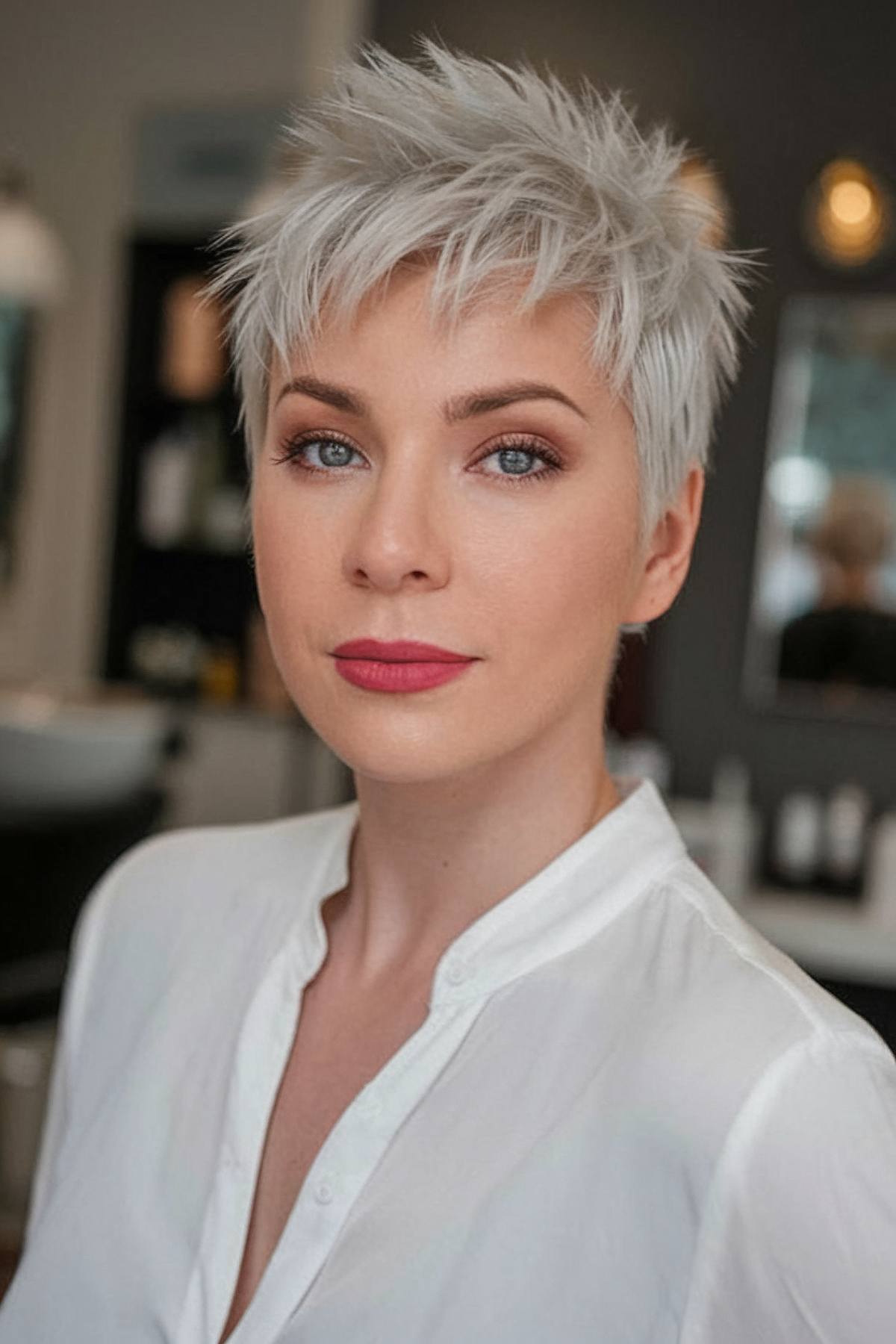 Short spiky haircut with silver-blonde color