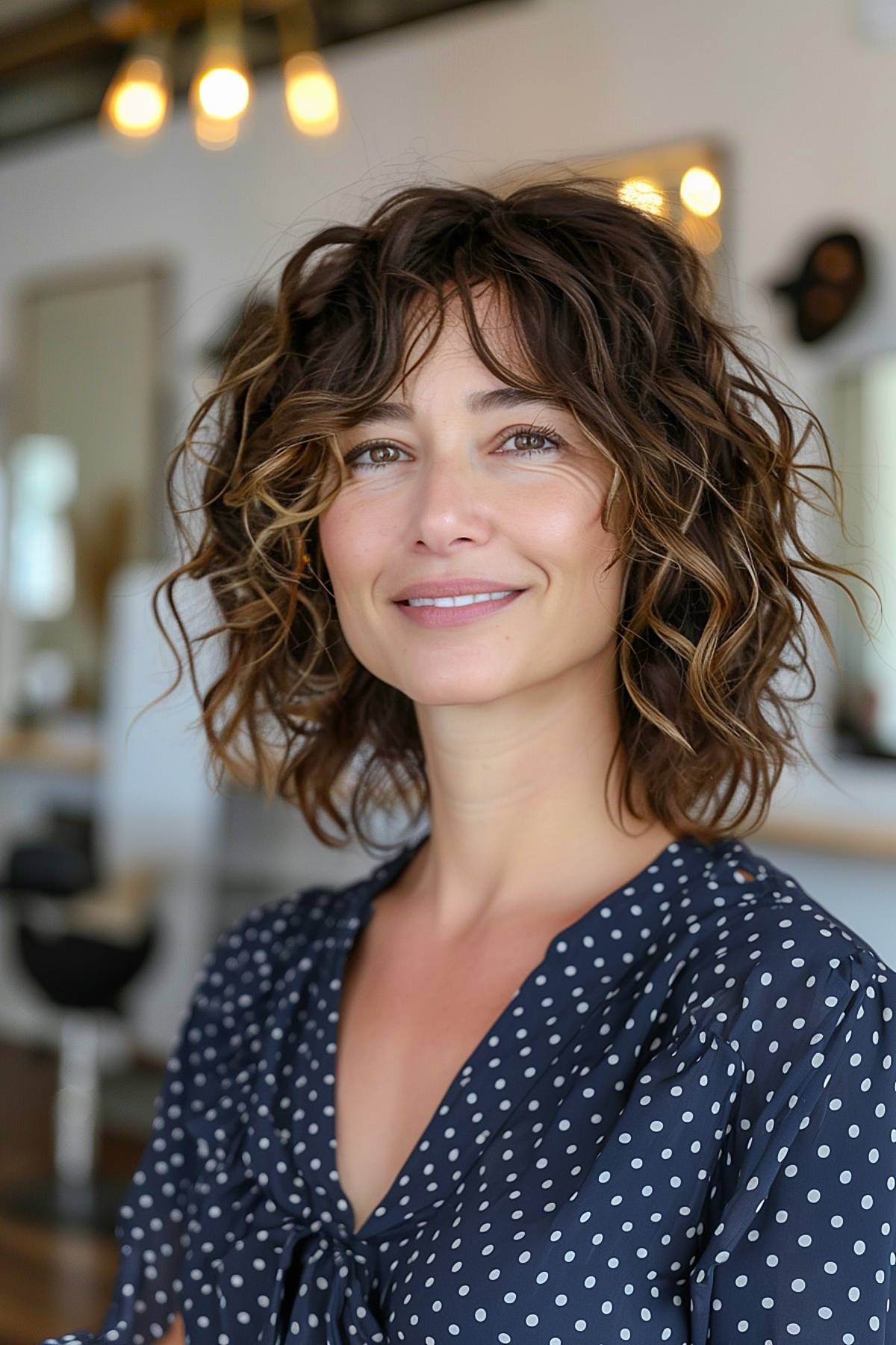 Wavy curly hair with curtain bangs for face-framing effect