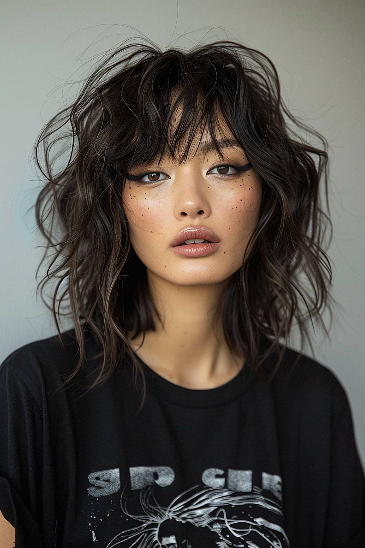 Wispy bangs on mid-length natural wavy hair