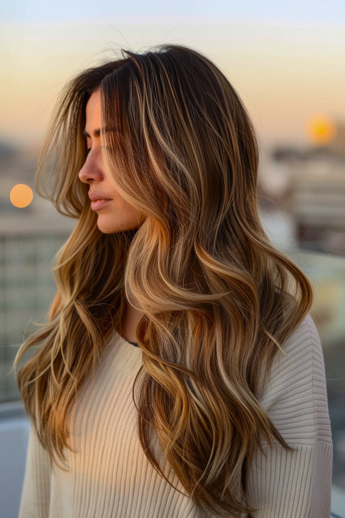 Soft cascading waves with caramel balayage highlights for long hair 