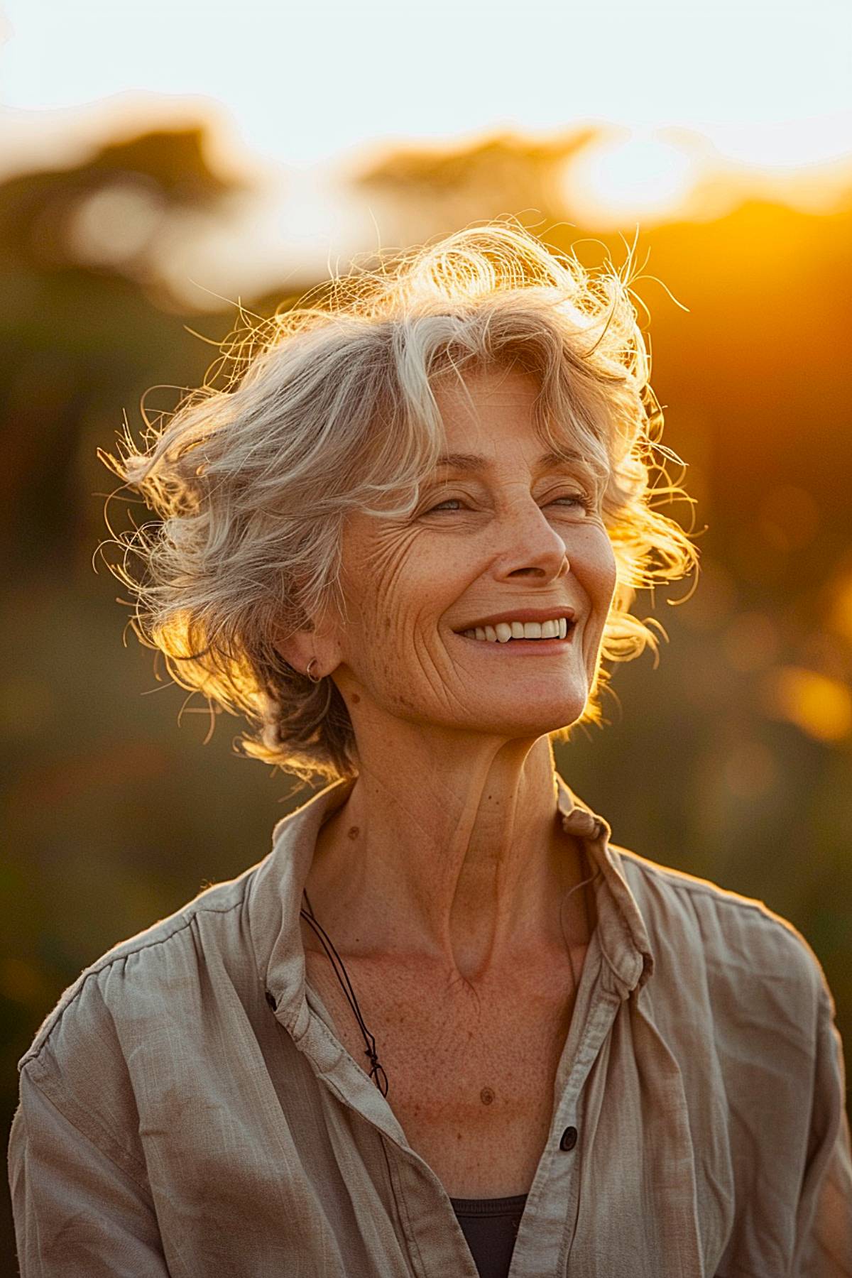 Wavy gray bob with natural layers for mature women