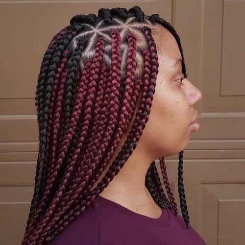 Medium in length box braids with triangle parts