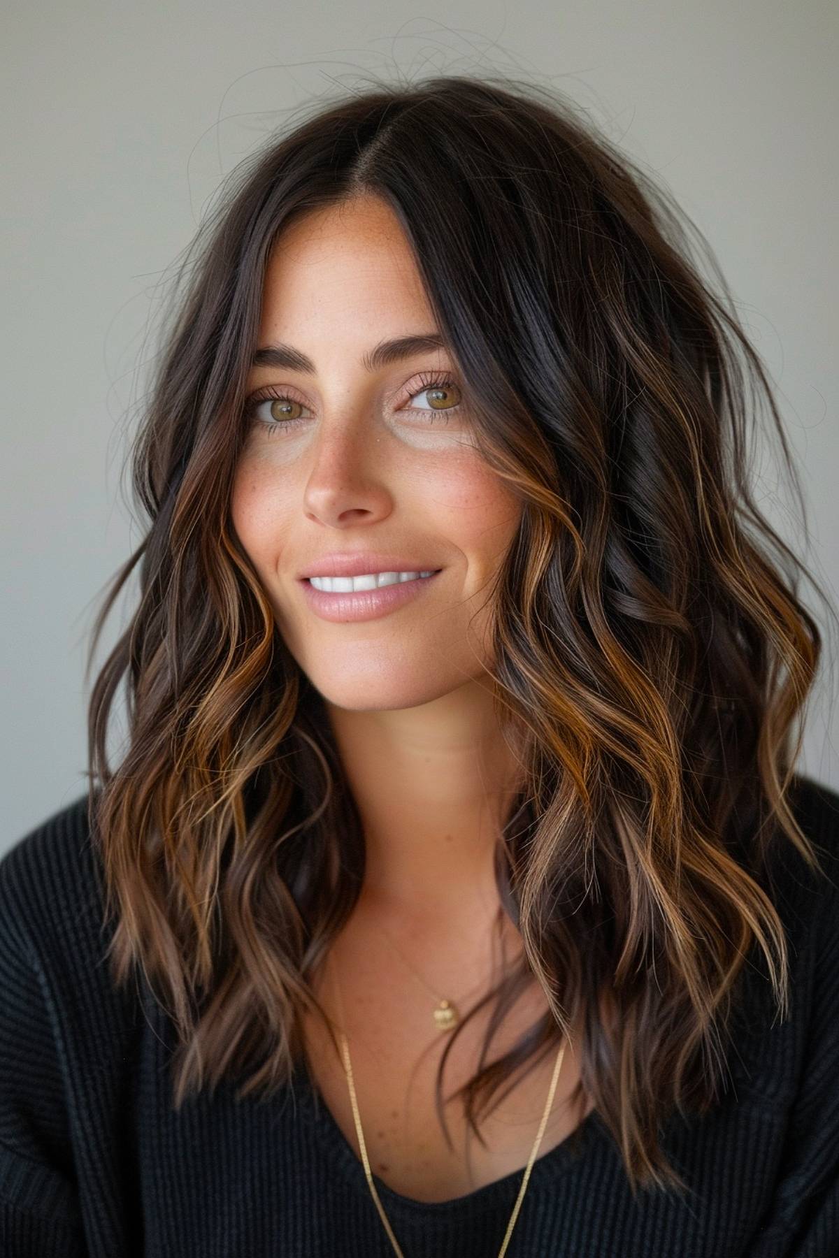 Truffle brown hair color with golden highlights in waves