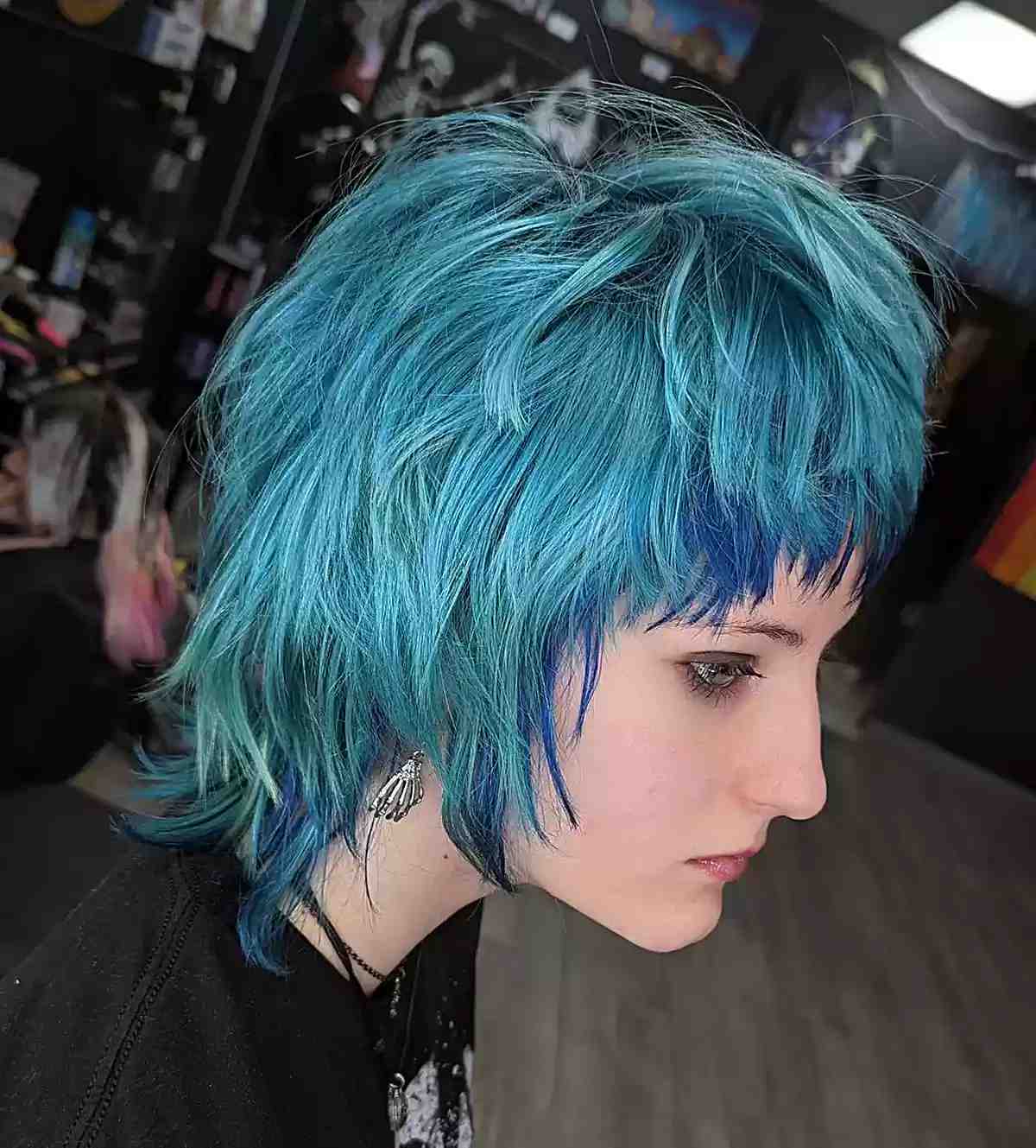 Turquoise Blue Balayage with Money Piece for Short Layered Mullet Hair