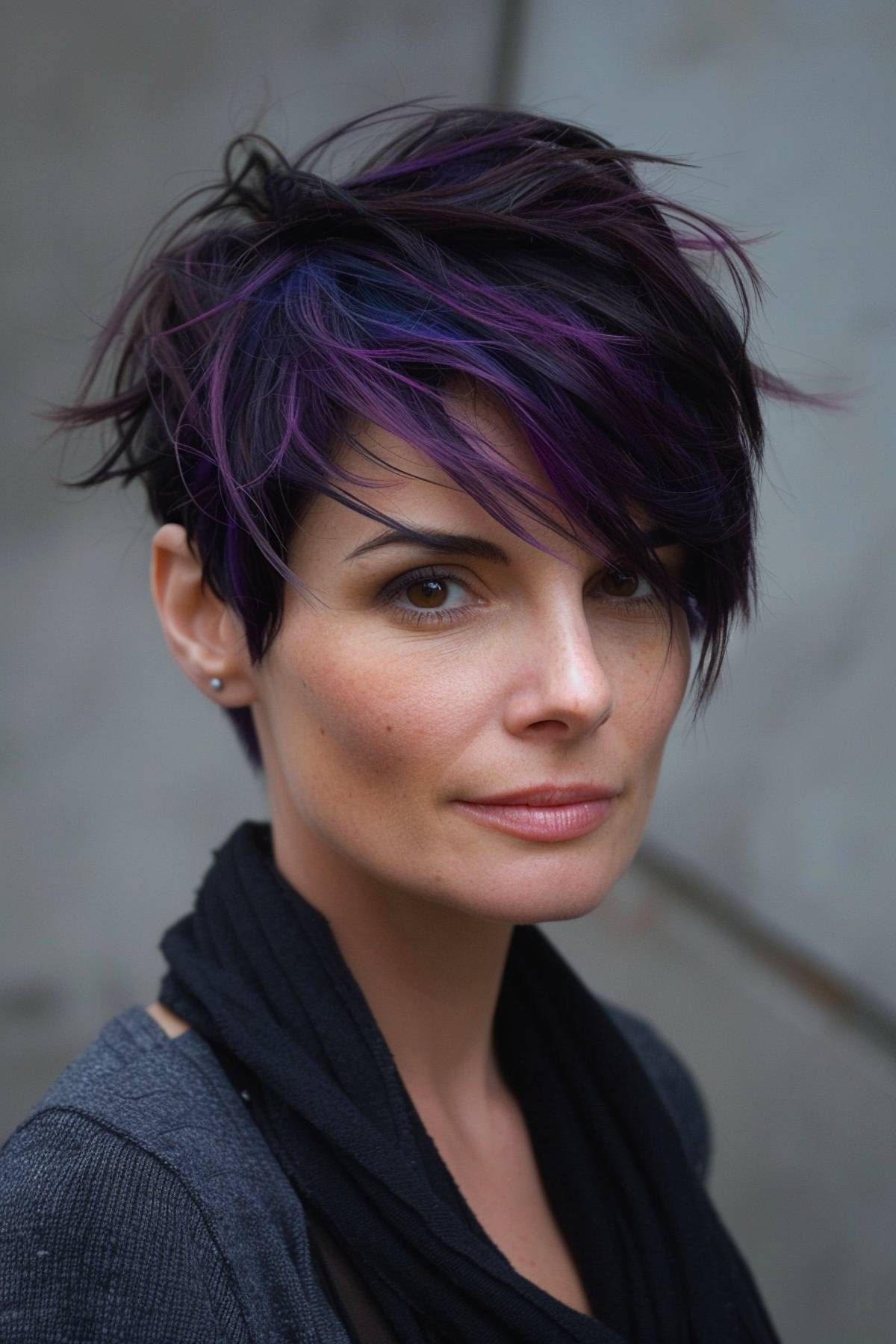 Twilight pixie hairstyle featuring dark purple highlights and bold texture