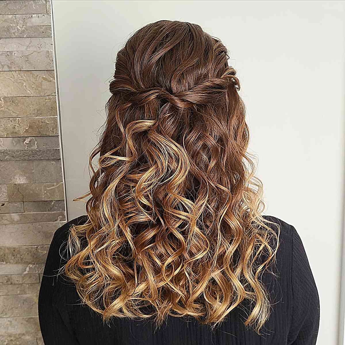 Twist Half-Upstyle for Medium Bronde Ombre Curly Hair for Prom