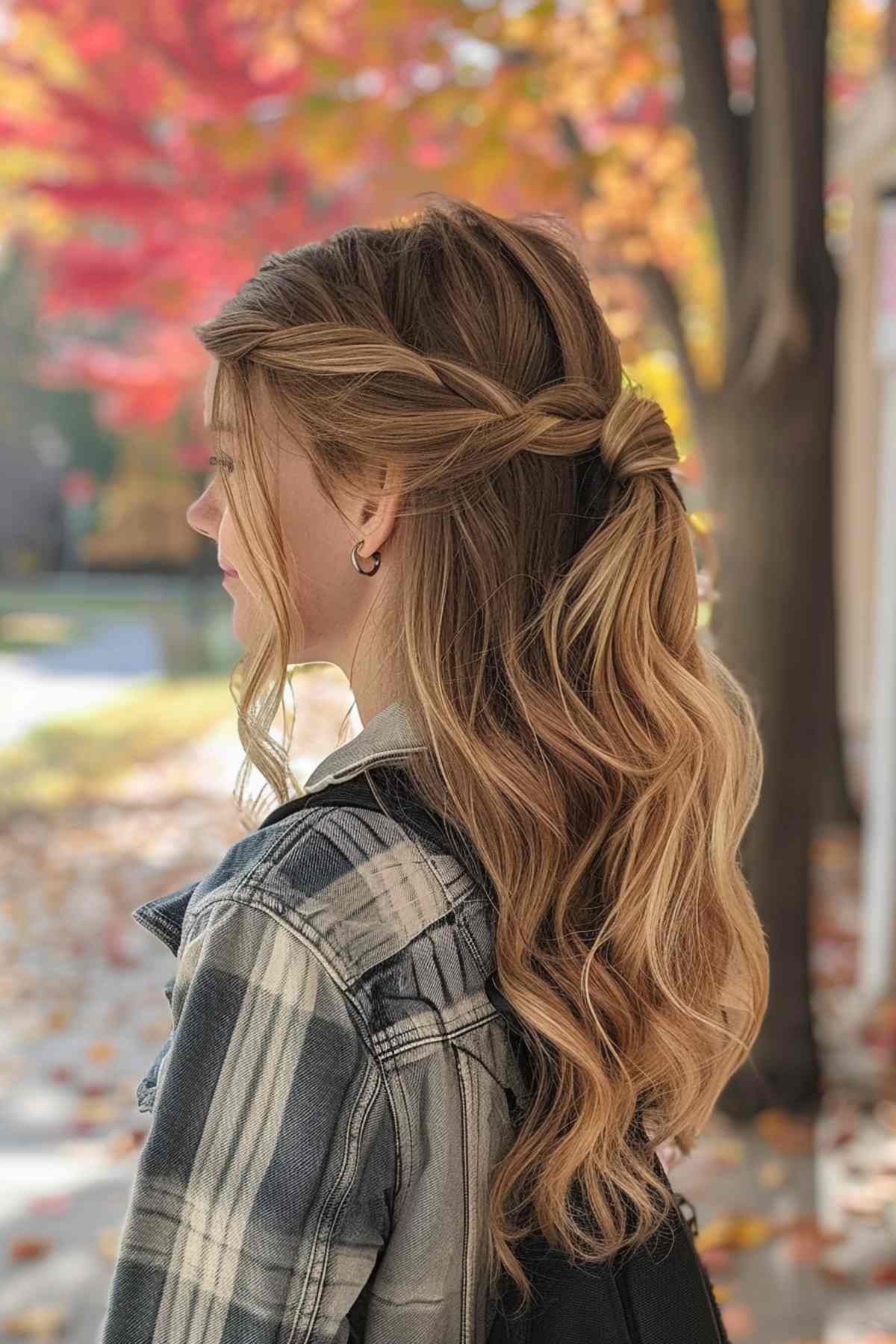 Twisted half-up down do hairstyle for long hair