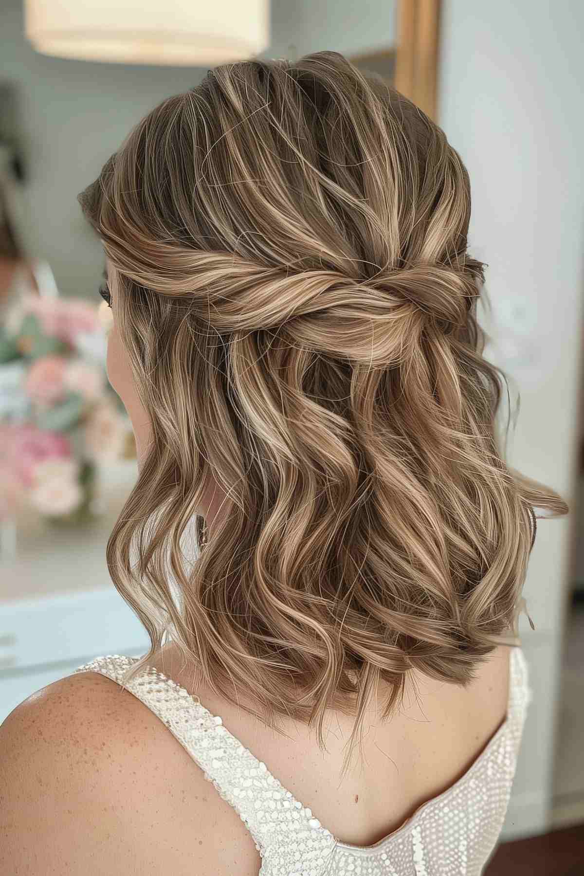 Twisted half-up hairstyle with soft waves for shoulder-length hair