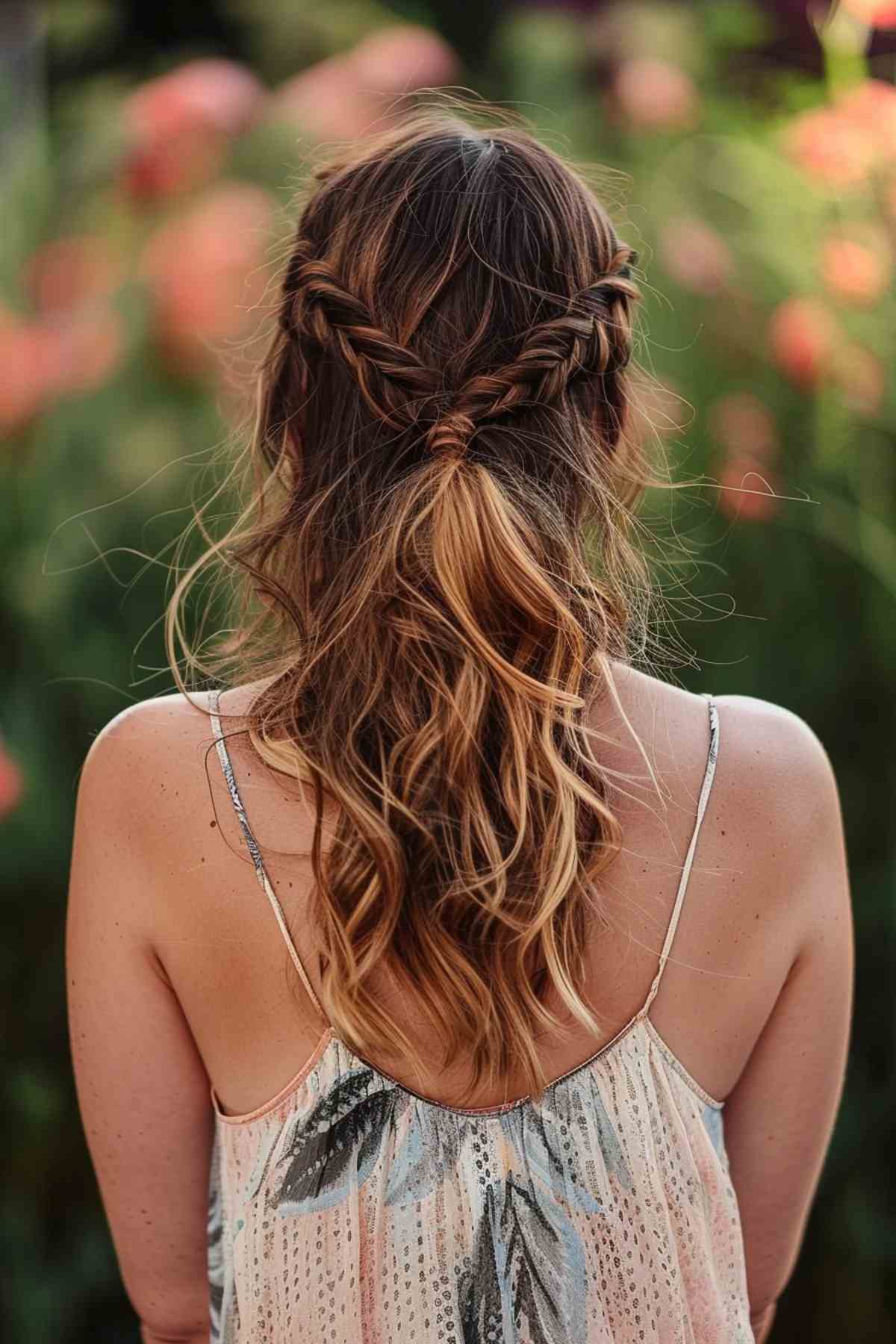 Twisted half-up ponytail for wavy hair in hot weather