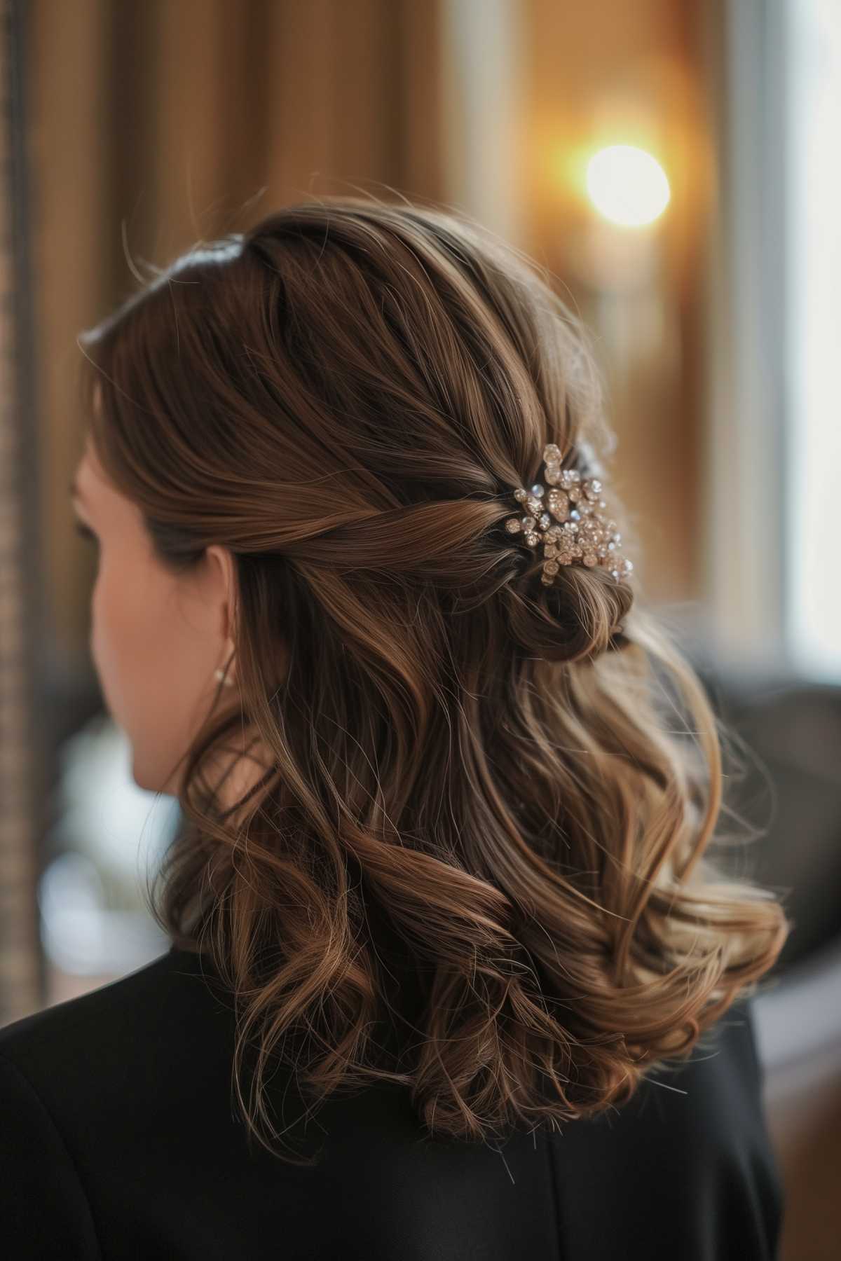 Twisted half-up hairstyle for brown hair with a pearl and crystal hairpin