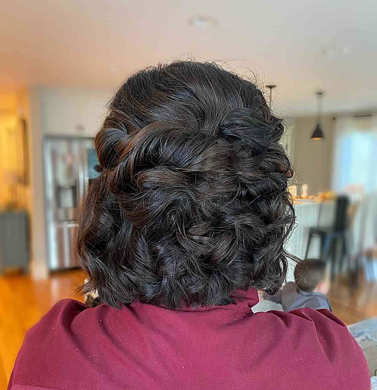 Twisted Half-Up with Short Big Curls For Brunette Women with Thicker Hair