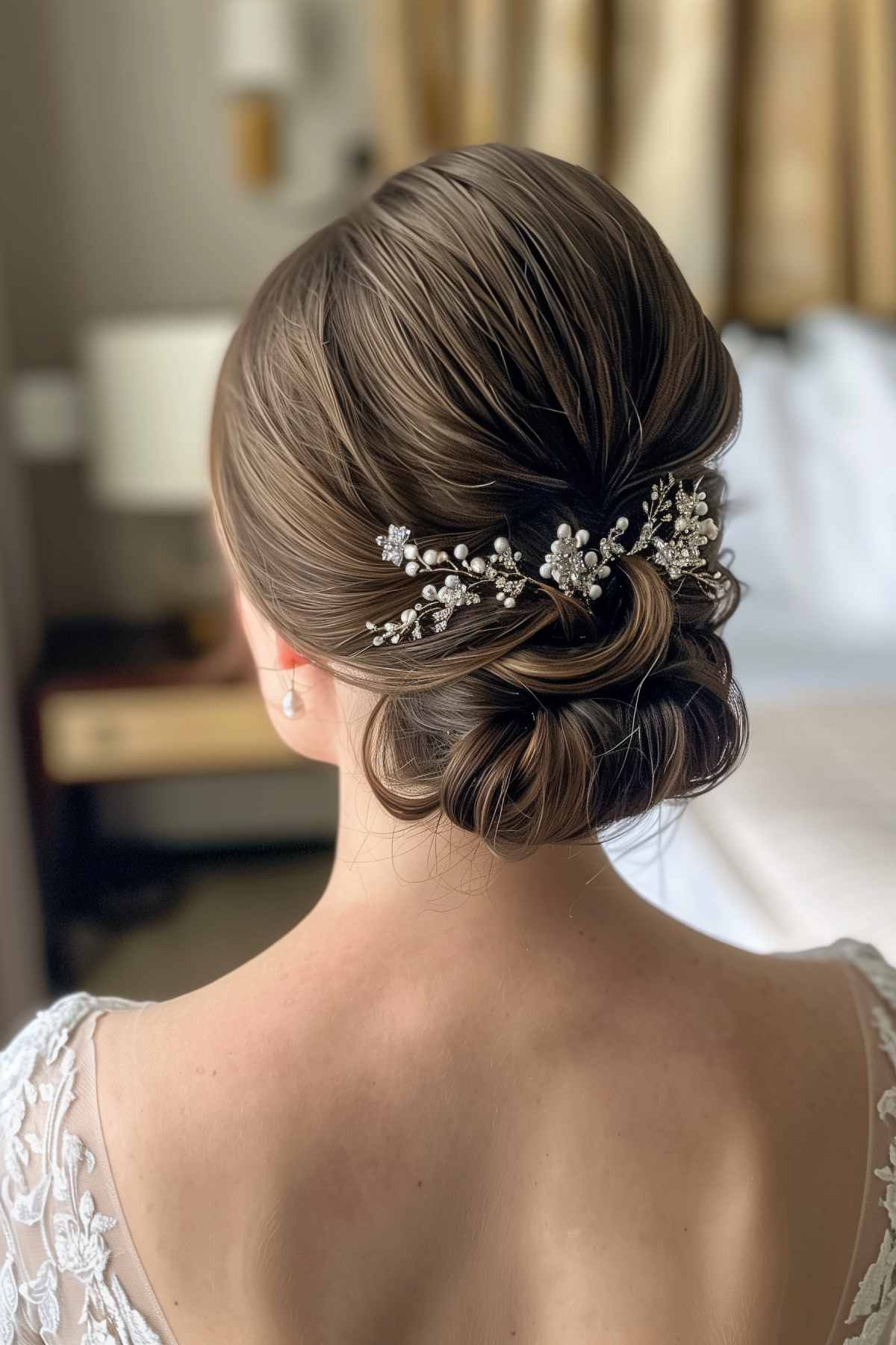 Twisted low bun wedding hairstyle with pearl and crystal hairpiece