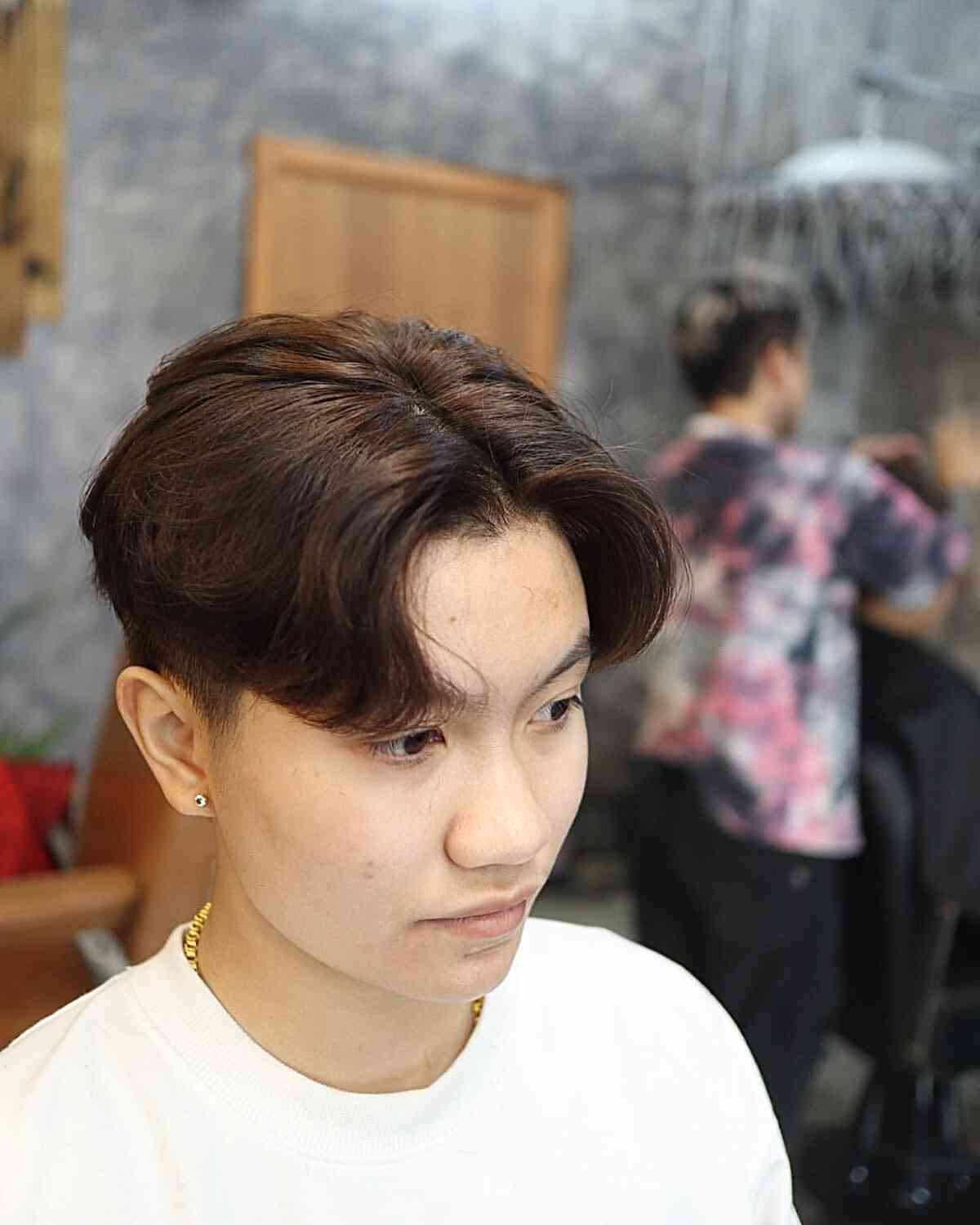 Two Block Brown Hair with Center Part for Boys