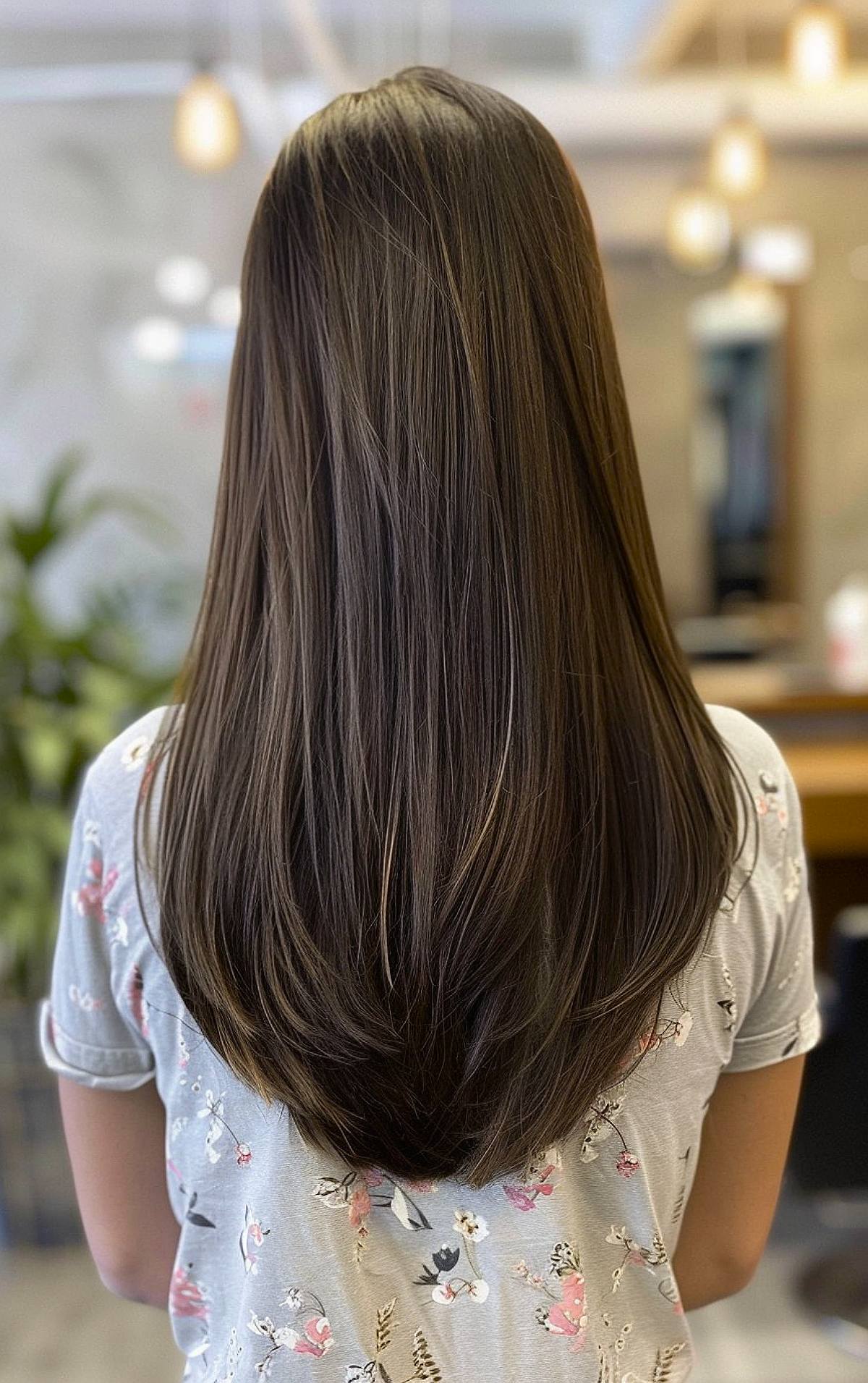 Back view of U-shaped layered haircut for long hair