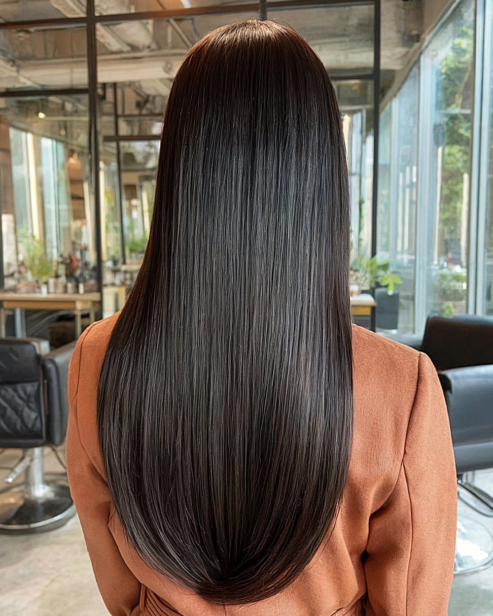 Sleek U-shaped long haircut with seamless blended layers for thick straight hair