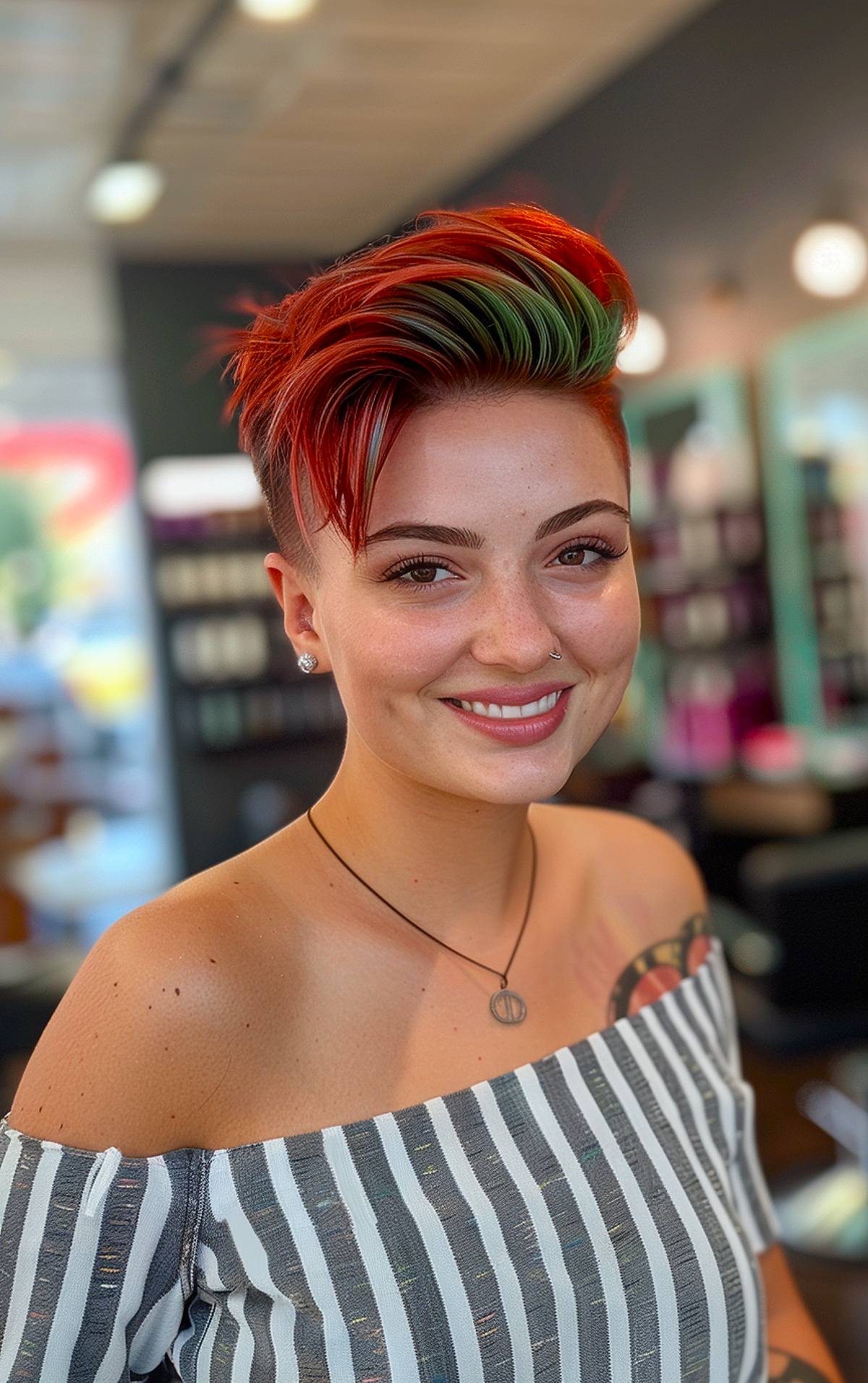 Christmas undercut hairstyle with red and green highlights for women