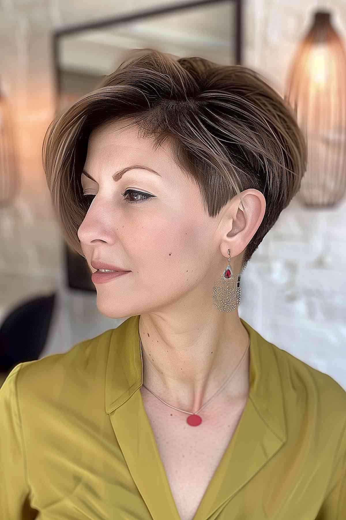 Woman with an undercut pixie bob and side-swept bangs in a light brown hue.