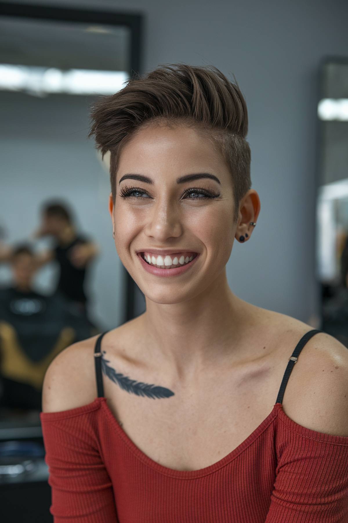 Edgy undercut pixie with shaved sides and long textured top, perfect for a bold statement