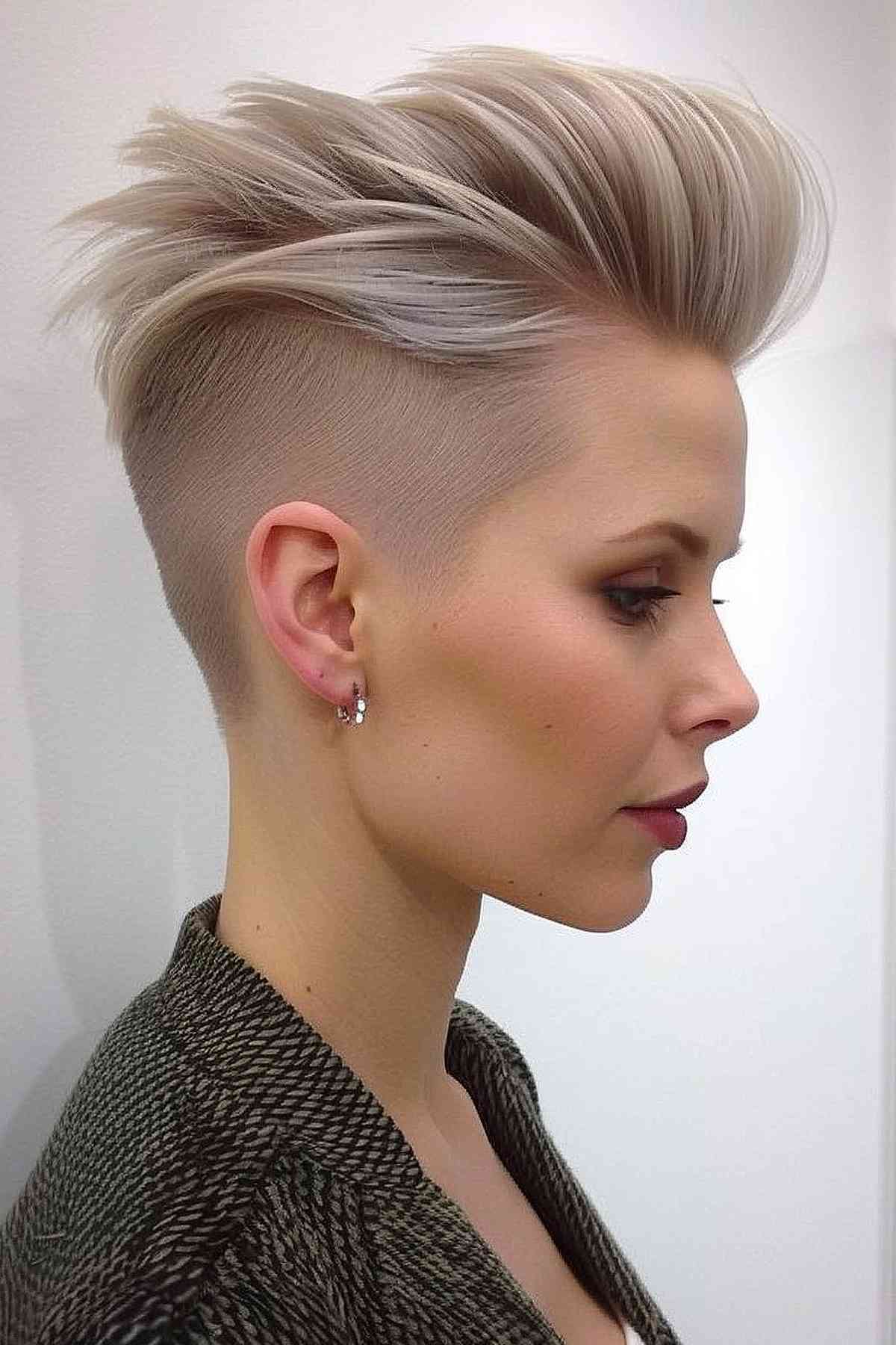 Sleek undercut punk pixie with a smooth, side-swept top in cool blonde, ideal for a bold yet polished look.