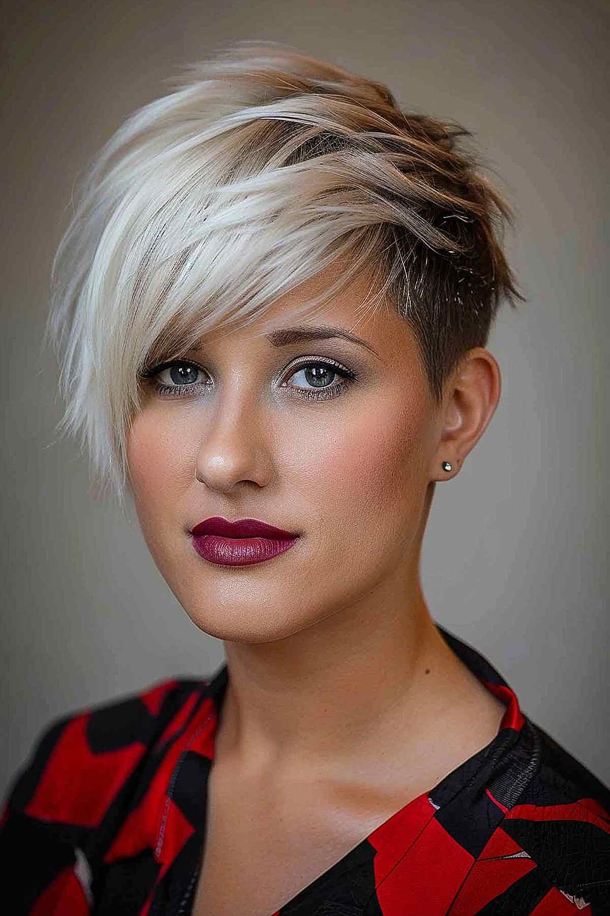 Woman with a stylish undercut and asymmetric bangs, creating a bold, modern hairstyle perfect for thick hair.