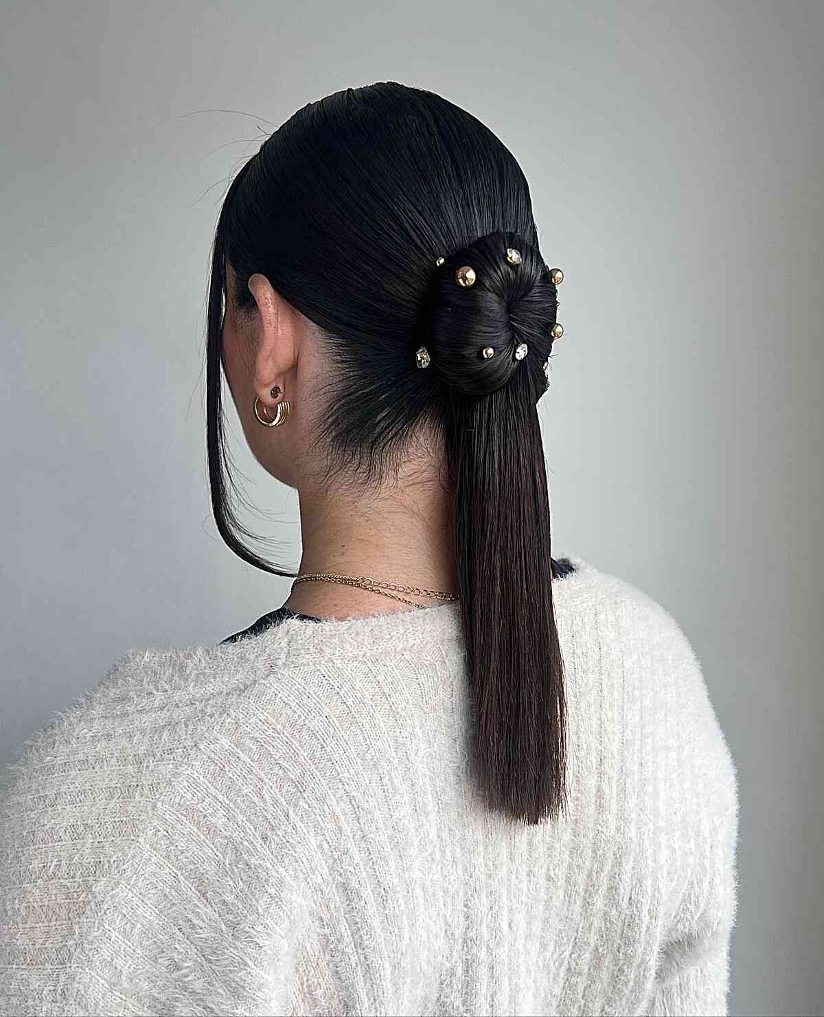 Unique Wrapped Sleek Pony with Accessories for Medium-Length Hair
