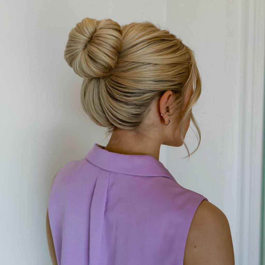 Polished easy updo hairstyle with a smooth high bun and face-framing tendrils