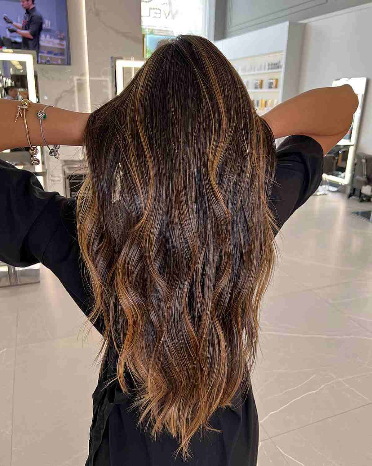 V-Cut Brown Hair with Caramel Brown Balayage