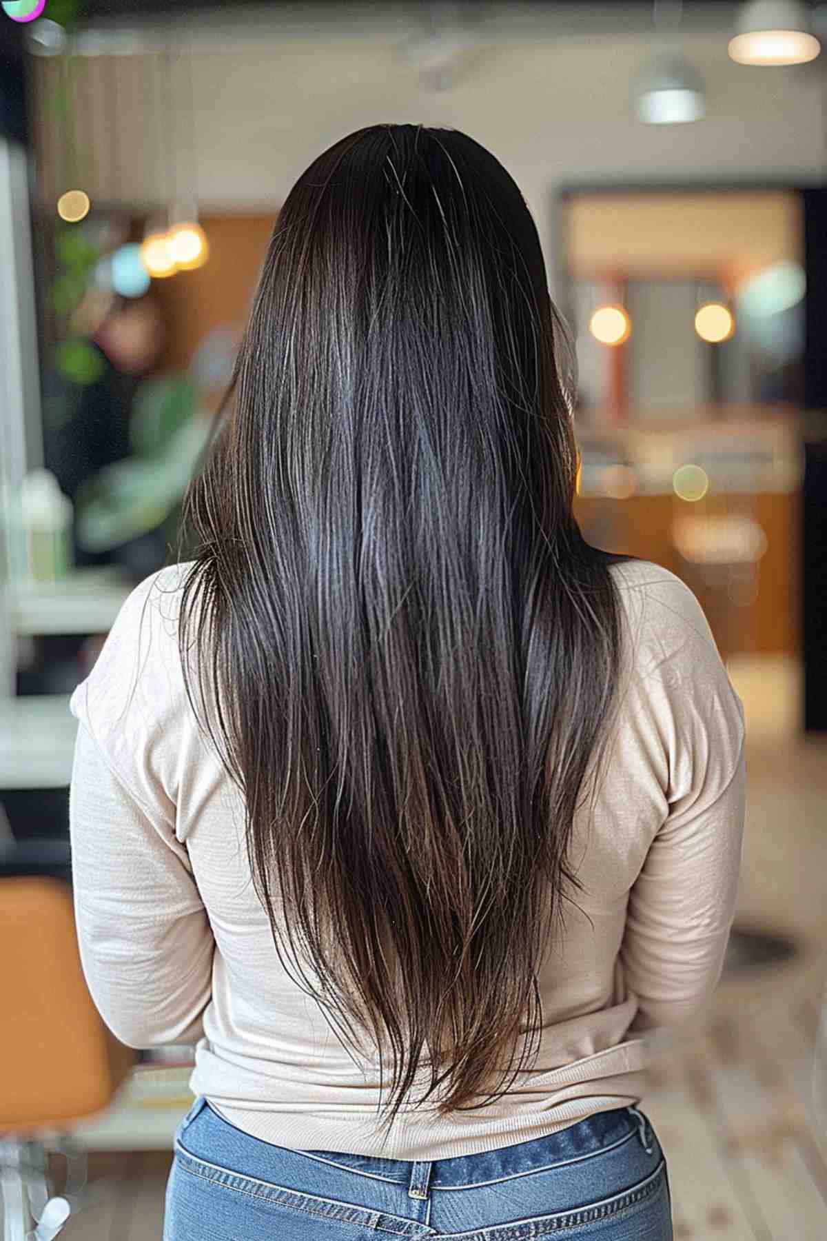 Very long hair styled with a sharp V-cut for asian women