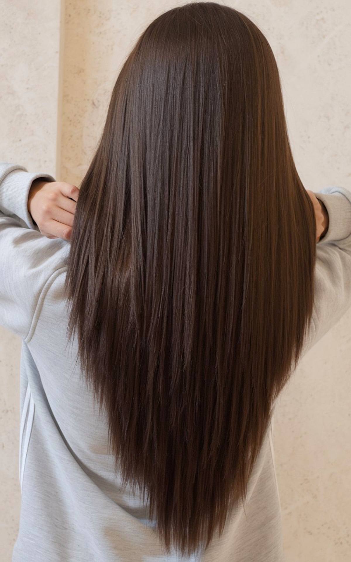 Long V-shaped layered haircut with straight hair