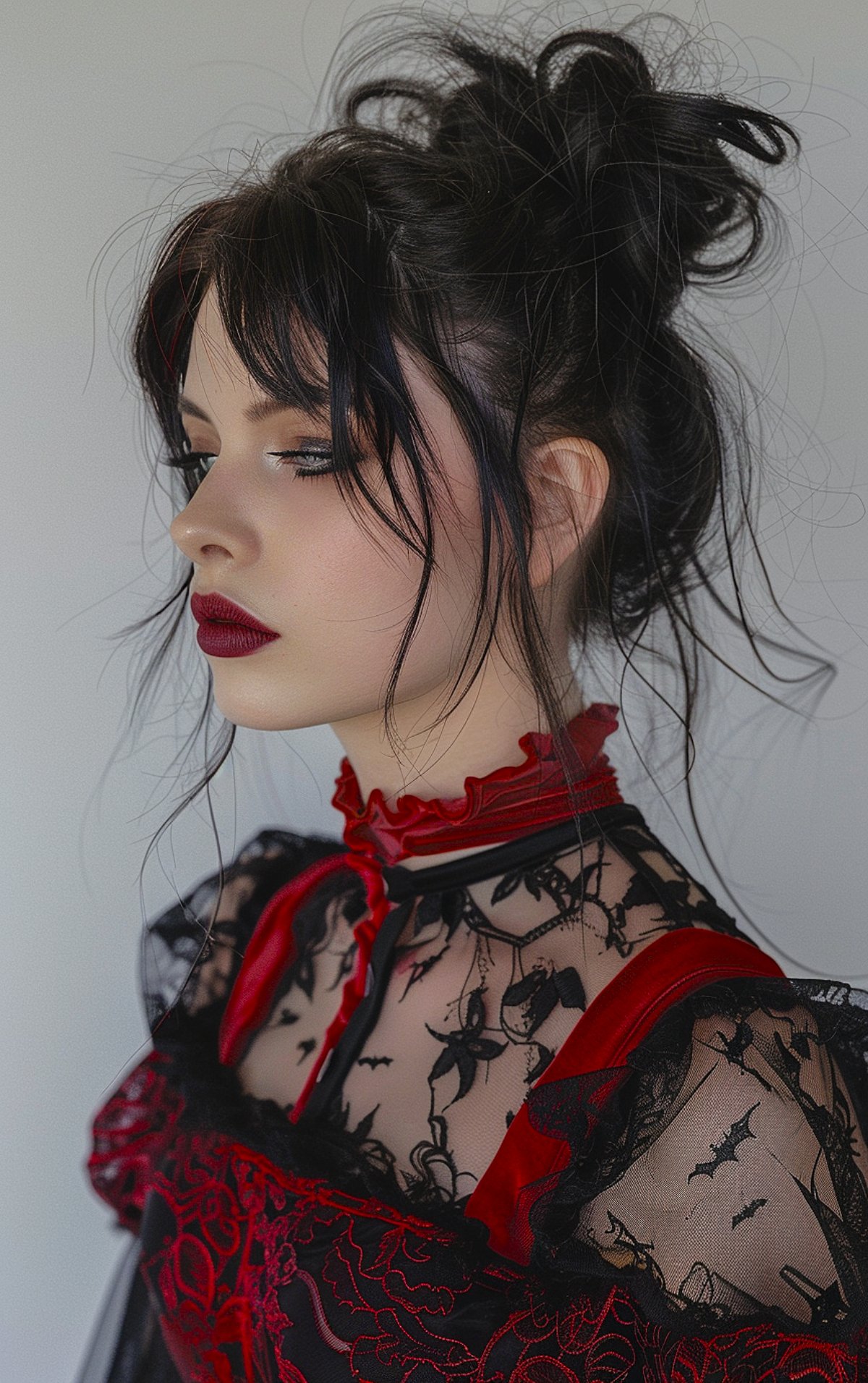 Vampire-inspired Halloween hairstyle with a messy updo and soft bangs