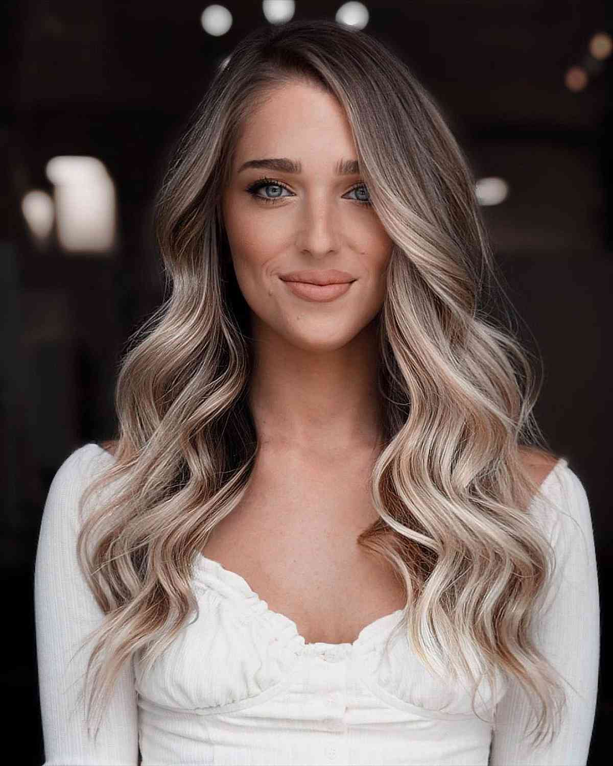 Vanilla Blonde Teasylights on Long Brown Hair for Oval Faces