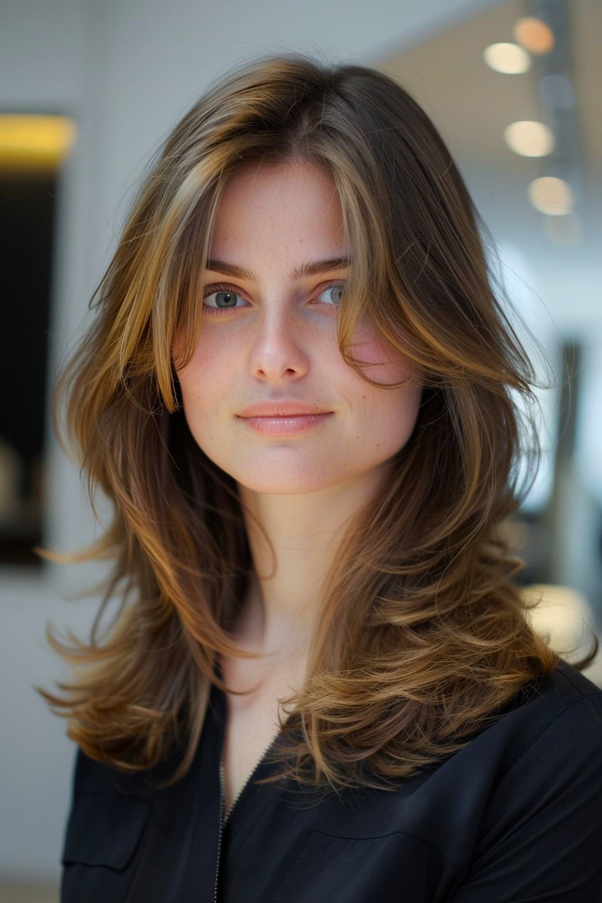 Medium-layered haircut with curtain bangs for fine hair