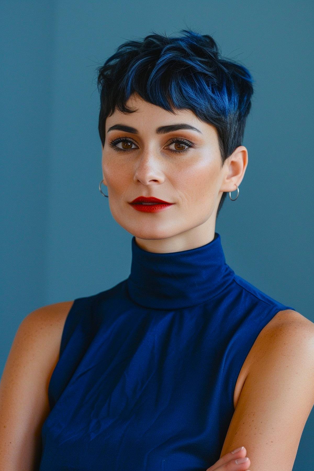 Velocut pixie hairstyle featuring navy blue highlights and crisp lines