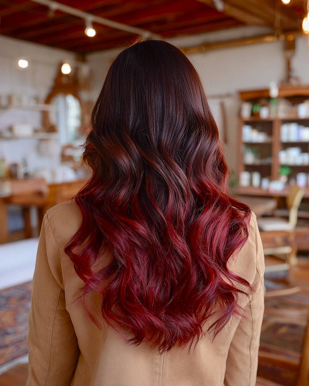 Velvet black cherry melt balayage on long wavy hair, blending deep red and dark brunette for a bold dimensional color