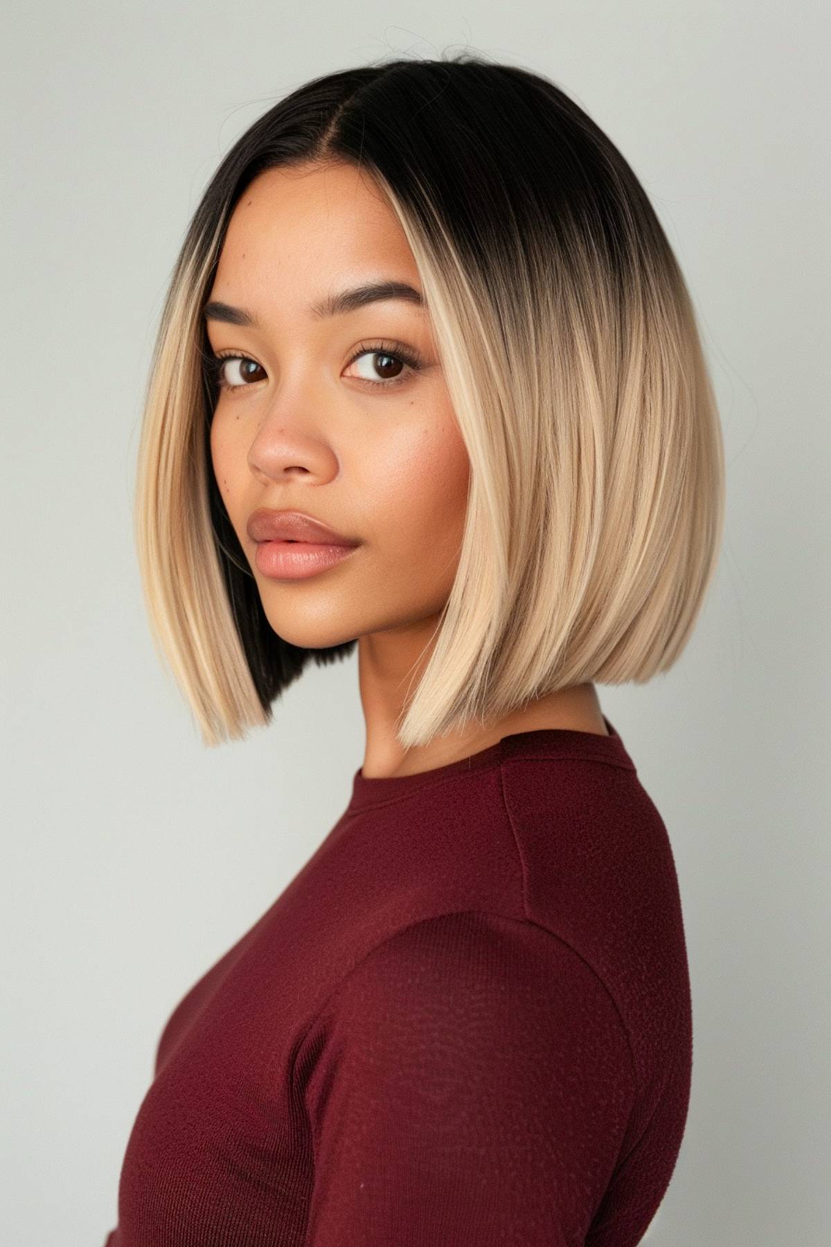 Velvet eclipse bob with jet-black base and champagne blonde tips