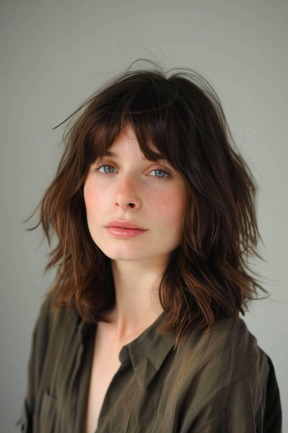 Shoulder-length shag haircut with curtain bangs