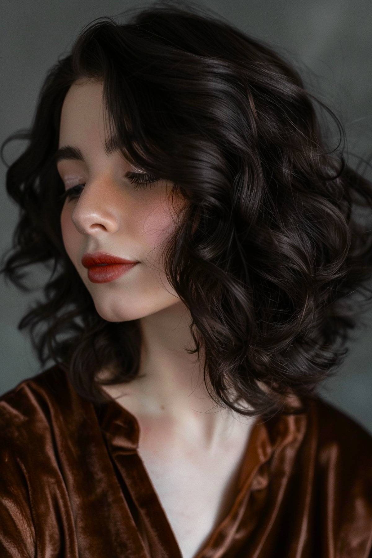 Glossy velvet spiral layered haircut with soft curls