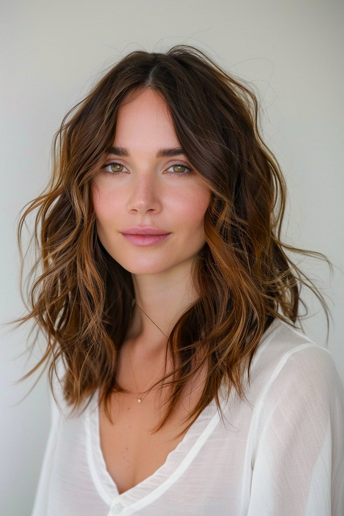 Medium-length layered haircut with caramel balayage and tousled waves